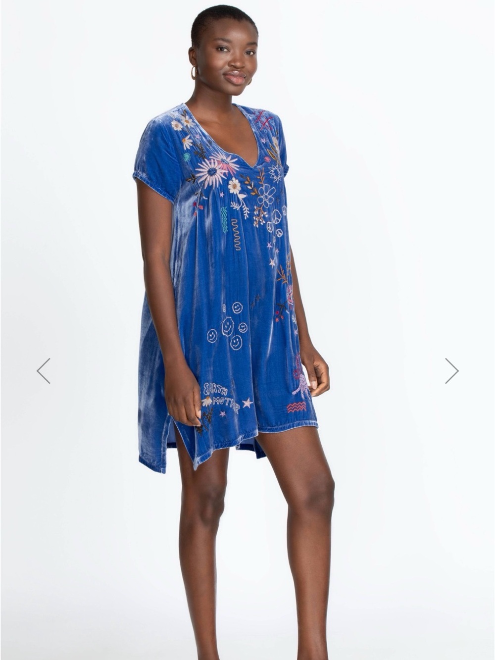 Johnny Was Royal Blue Velvet Embroidered V-Neck Tunic
